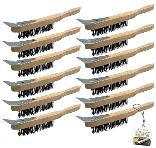 Wooden Wire Brush Set – Heavy Duty 4 Row Steel Brush with Wooden Handle and Metal Scraper, Steel Wire Brush for Rust Removal and Abrasive Cleaning - Pack of 12