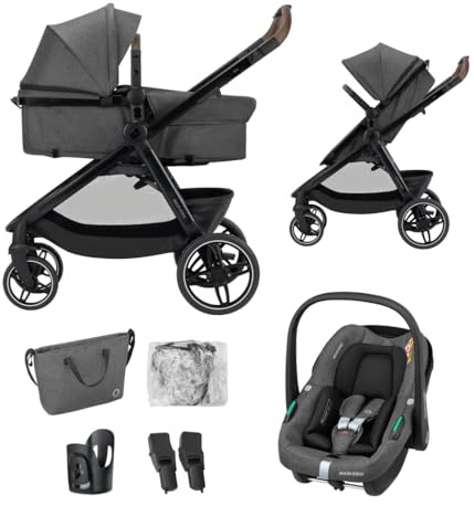 Maxi-COSI Zelia S Trio² Stroller 3 in 1 Set, 0-4 Years, Up to 22 kg, One-Hand Fold, Compact and Reversible Pushchair, Includes CabrioFix S i-Size Car Seat, Accessories, Diaper Bag, Dark Grey