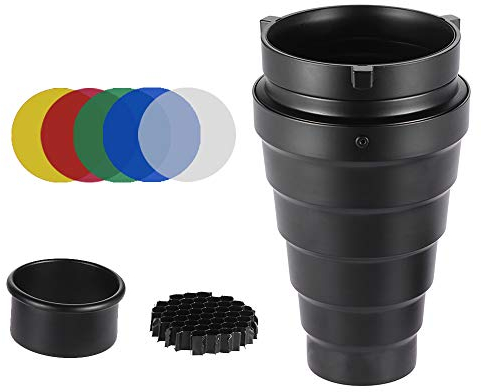 Andoer Photographic Lighting Monolights Bowens Mount Snoot Optical Snoot Metal Conical Snoot with Honeycomb Grid 5pcs Color Filter Kit for Bowens Mount Studio Strobe Monolight Photography Flash