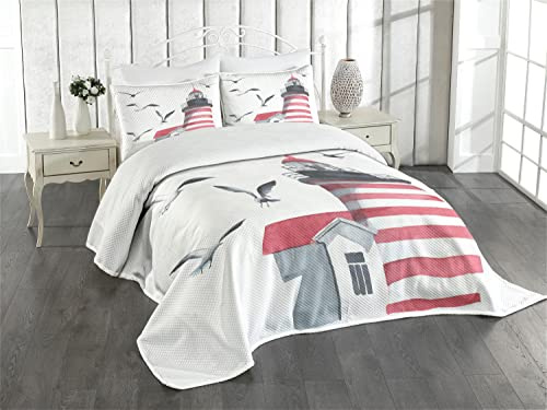 ABAKUHAUS Leuchtturm Tagesdecke Set, Seagulls Strand Meer, Set mit Kissenbezug Kein verblassen, für Einzelbetten 170 x 220 cm,Weiß Grau Rot