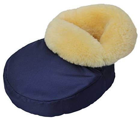 Lammfell - FUSSWÄRMER kuscheliges Merino Schaffell Naturfell Blau/Gelb