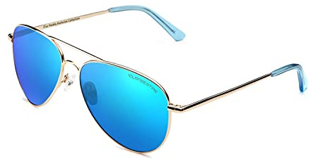 CLANDESTINE - Gafas de Sol Unisex - Colección Pilot - Modelo A10 by Elsa Pataky - Montura de Acero Inox. Dorada - Lentes de Nylon Color Azul con Filtro HD Espejo - Protección UV 400-144x51mm