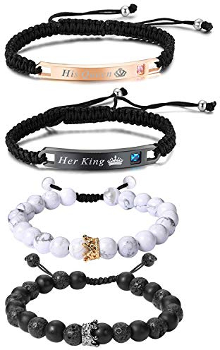 Cupimatch Schmuck Set 4PCS Pärchen Armband King Queen Armbänder Geflocht Panzerarmband Partnerarmband Freundschaftsarmband