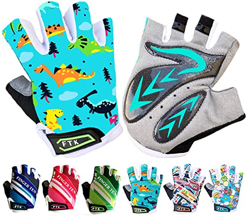 Kids Cycling Gloves Half Finger Gel Padded Non-Slip Breathable, Junior Glove Girls Boys Fingerless Adjustable for Mountain Bike Running Riding Sport Outdoor Biking Skating (Green, Medium)