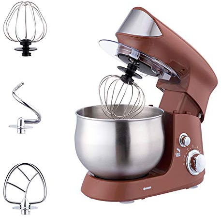 JHNEA Batidora Amasadora, Amasadora (600 W, con Bol de Acero Inoxidable de 3.5L, Amasador, Batidor, Varillas y Protección para Salpicaduras),Brown