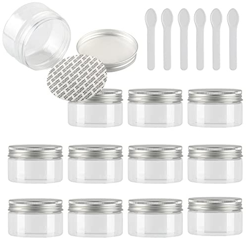 TIANZD 12 Stück Kleine 100 ml Transparent Kunststoff Leere Cremedose Dose mit Silber Deckel 100 g Leerdose Schraubdose Blechdosen Kosmetische Behälter Tiegel, 6 Stück Spatel