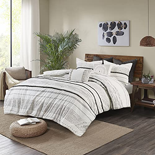 INK+IVY Nea 100% Cotton Duvet Set Mid Century Modern Design, All Season Comforter Cover Bedding Set, Matching Shams, King/Cal King, Stripes Teasel White 3 Piece