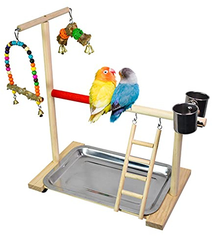 JasCherry Terreno di Gioco per Pappagalli in Legno Supporto per Uccelli con Scala Altalena Vassoio Tazza di Alimentazione e Campana - Gioco Accessori di Calopsite Sala da Palestra per Conure #D