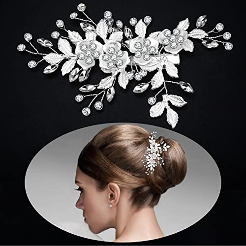 Watkings Wedding Hair Accessories, Silver Flower Rhinestone Hair Pins, Bride Bridesmaid Wedding Flower Hair Clip, Handmade Head Pieces for Women and Girls, Wedding Hair Piece