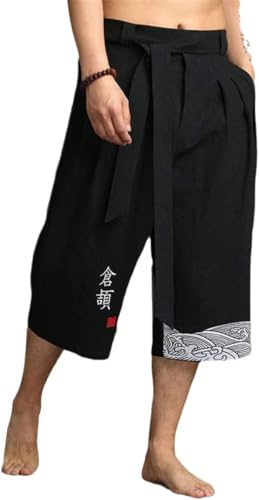 Pantalon de kimono japonais traditionnel pour hommes, vêtements asiatiques, pantalon de bain, décontracté, ample, style japonais, pantalon court en lin, Noir, 4XL, poids 90-95 kg