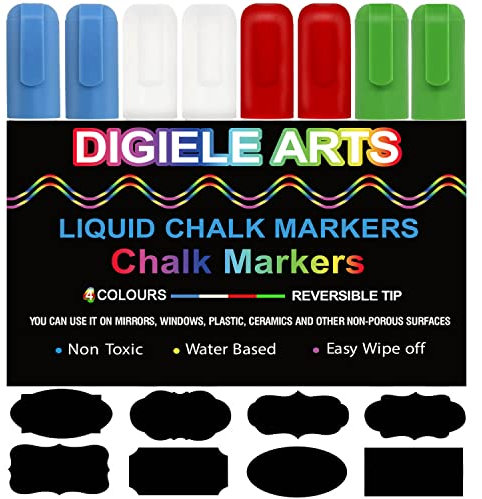 DIGIELE Liquid Chalk Marker Pens, 4 Colours Chalk Markers - Red, Green, Blue and White, 6mm Dry or Wet Wipe Erase, Thin & Medium Reversible Bullet or Chisel Tip, 8 Pens + 16 Chalkboard Labels Packed