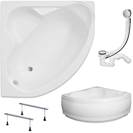 KOLMAN Badewanne STANDARD Eckbadewanne 130x130 mit AcrylSchürze, Ablaufgarnitur und Füßen Komplettset 4in1 Premium Original Acryl Wanne Siphon