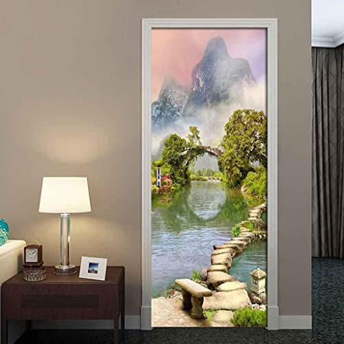 3D Türtapete Türposter Türbilder Berge Steinbrücke Flusslandschaft 95 X 210 Cm Selbstklebend Wasserdicht Abnehmbare Türfolie Für Kind Schlafzimmer Wohnzimmer Türaufkleber Aufkleber Kunst Dekoration