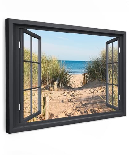 MuchoWow© Wandbilder Groß XXL Wohnzimmer Wanddeko Schlafzimmer Zimmerdeko | 120x80 cm - Fotowand Zimmer Deko Wand Dekoration Wall Art Fensterblick - Strand - Meer - Sand - Wasser - Dünengras - Dünen