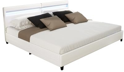 Home Deluxe - LED Bett NUBE - Weiß, 200 x 200 cm - inkl. Lattenrost und Schubladen I Polsterbett Design Bett inkl. Beleuchtung