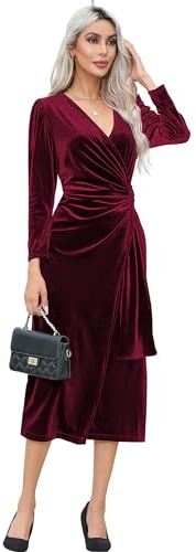 R.Vivimos Damen Herbst Winter Sexy V Ausschnitt Wickelkleid Langarm Samt Midi Kleid Cocktailkleid(L,Burgund)