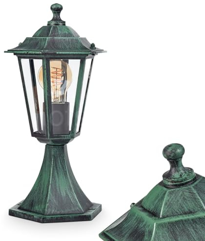 HOFSTEIN Außenwegeleuchte Loria, Sockelleuchte aus Metall/Glas in Grün-Schwarz/Klar, Wegeleuchte im Landhaus/Antik/Retro/Vintage-Design für Garten, Außenbereich, Hof, Terrasse, 37 cm, E27, IP44