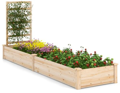 COSTWAY Raised Garden Bed with Trellis, Wooden Planter Box Kit for Climbing Vines Flower Herb Vegetable Fruit, Indoor Outdoor Backyard Plant Growing Box Container (235 x 63 x 102cm)