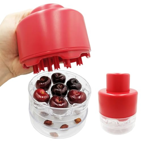 Multi Cherry Pitter Tool, Cherry Stone Remover for Multiple Cherries, Remove 7 Stones One Time, Fruit Pit Stoner for Kitchen Cherry Jam, Quick-Release Multi-Cherry & Olive Pitter (Red)