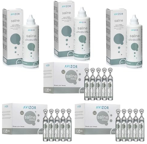 Avizor Saline - Mega Pack Ahorro - 3 botes de 350ml + 3 cajas de 30x5ml - Solución Salina para Enjuagar, Hidratar y Cuidar tus Lentes de Contacto
