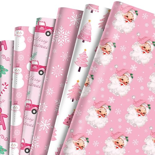 Weihnachten Geschenkpapier Rosa 12 Blätt Weihnachtspapier,6 Arten Geschenkpapier Weihnachtsmann Weihnachtsbaum Schneemann Schneeflocke Weihnachtspapier Wrapping Paper Christmas,50 x 68 cm