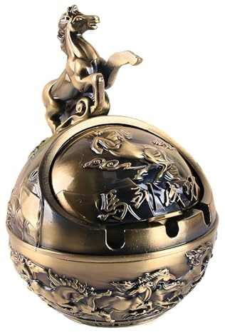 Stylitzy Cendrier décoratif vintage coupe-vent avec couvercle pour cigarette, cendrier portable en métal, pour intérieur et extérieur, sculpté à la main, ornement pour homme (cheval bronze), 17 x 11 x