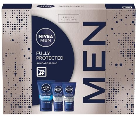 NIVEA MEN Fully Protected Gift Set (3 Products), Men's Skincare Gift Set with Face Wash, Exfoliating Scrub, and Moisturiser, Perfect as Christmas or Birthday Gift for Him