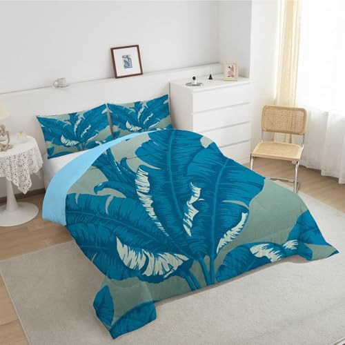 Linfye Bettdecke 140x200 Blaue PalmbläTter Ganzjahresdecke 4 Jahreszeiten Bettdecken Wende Waschbar Bettdecke Ohne Bezug Anti-Allergene Steppdecke
