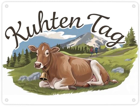 Braune Kuh auf Gras Metallschild in 15x20 cm mit Spruch Kuhten Tag Perfekt für Wanderer Charmante Deko mit Kuh und Glocke auf grüner Berglandschaft Bauernhof