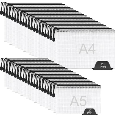 Oungy 40 Stück Dokumententasche A4+A5, Wasserdichte Dokumententasche A5, Transparente Zip Beutel mit Reißverschluss, Mesh Plastiktasche mit Reißverschluss für Dokumente, Papier, und Kosmetika