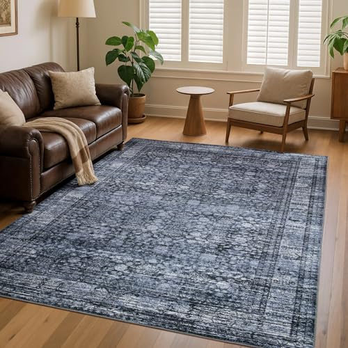 5x7 Area Rugs Washable Rugs for Living Room Bedroom Accent Vintage Floral Retro Large Traditional Floor Cover Throw Print Rug Distressed Non Slip Low Pile Indoor Carpet Office Bedside Black/Blue