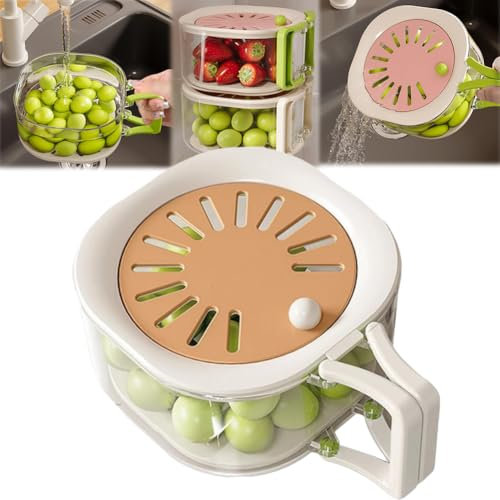 Cesta de drenaje y conservación 2 en 1, cuenco multifuncional para lavar frutas con colador, colador plegable con tapa con cerradura, escurridor de alimentos, recipiente de verduras con tapa y asa (B)