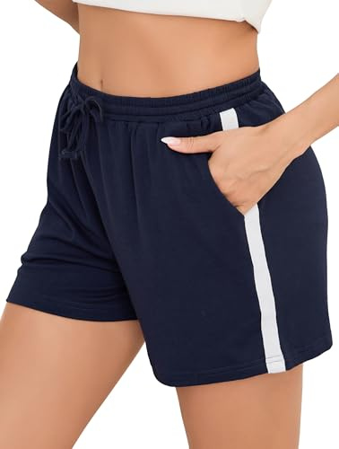 Vlazom Sportshorts för dam bomull sommar sportshorts randiga korta joggingbyxor med fickor för jogging löpning S-XXL, Marinblå, S