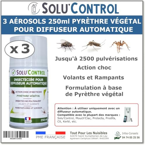 3 Aérosols Insecticide 250 ml au Pyrèthre Végétal - Compatible Diffuseur Automatique - Action Choc Contre Volants et Rampants