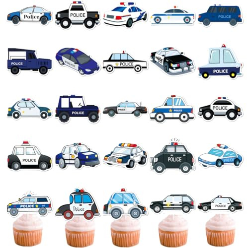 (2 in 1)50 Stück Polizei Auto Cupcake Topper, Polizei Auto Aufkleber, DIY Cupcake Dekoration für Polizei Party (police car)
