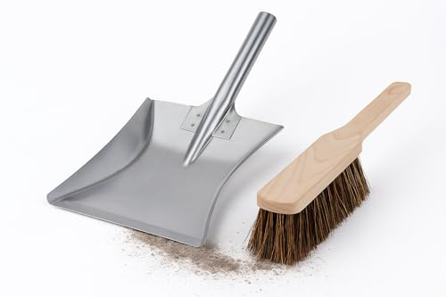 Handfeger und Kehrblech Set – Handbesen mit lackiertem Holzgriff & Schaufel aus verzinktem Stahl mit Stahlstiel – Kehrgarnitur für Haushalt & Werkstatt ( Set Handfeger & Schaufel mit Stahlstiel)