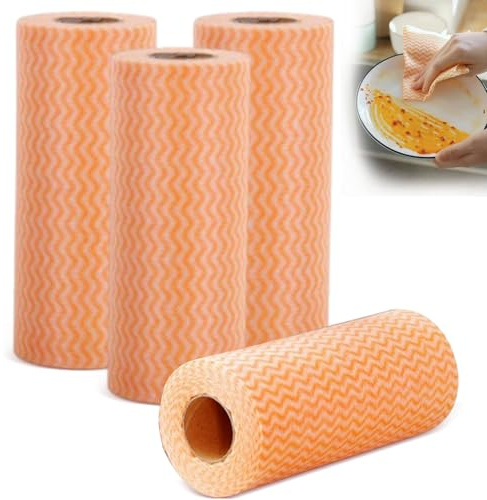 dogmoon J Cloth Roll, 4 rollos de paños multiusos, 180 hojas de paños de limpieza desechables, paño de limpieza reutilizable para cocina, baño, ventana, suave (naranja)