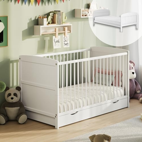 Kids Collective Babybett 60x120 mit Schublade Gitterbett Kinderbett höhenverstellbar & herausnehmbare Sprossen weitere Größen 70x140cm | 60x120cm von Geburt bis 3 Lebensjahr Weiß