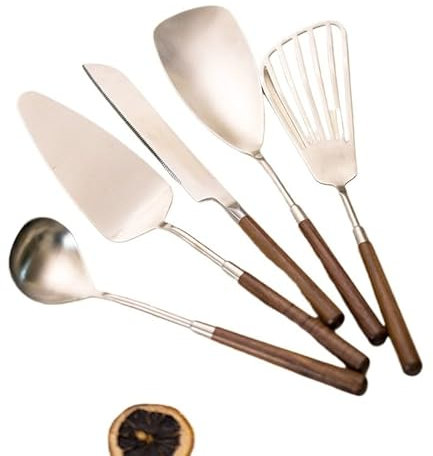 Set di posate in argento, 5/20/30/40 pezzi, in acciaio inox 304, con spatola in noce, utensili da cucina, cucchiaio da cucina, set di cucchiai da cucina per la casa (argento, 4 pezzi, 20 pezzi)