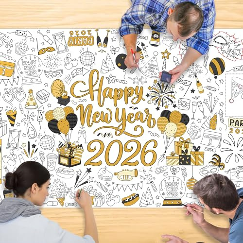 JOYGATHER Happy New Year 2026 Coloring Tablecloth, Giant 30x72 Inches Activity Tablecloth with Fireworks and Countdown Designs, Perfect for New Year Party Activities, Party Decoration