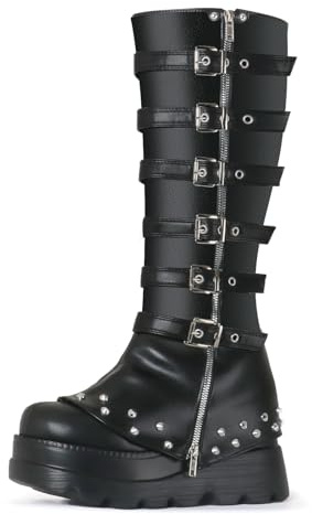FIFSY Women's Knee High Boots Goth Platform Buckle Boots Punk Wedge Heels Boots Cosplay Party Costume Booties, Black US8