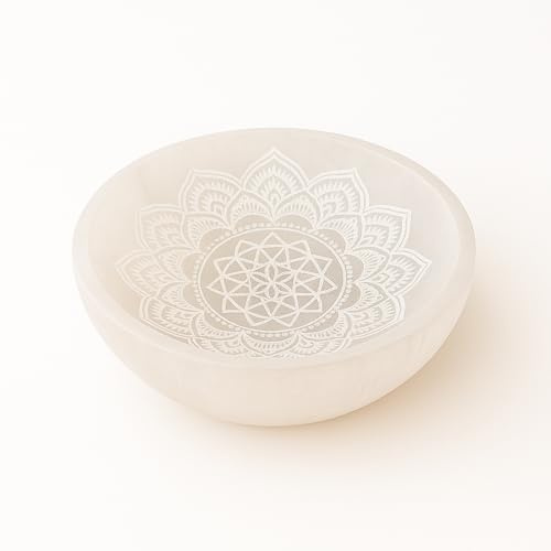 Placa redonda de Selenita Natural, 10 cm, Disco de carga circular cristal con Grabados Místicos, para Meditación y Energía, Nudo de Bruja, 7 Chakras, Flor de la Vida (Cuenco con Mandala)