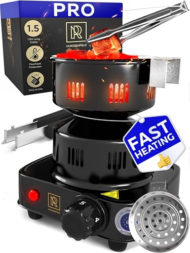 PRO Coal Burner with Extra Long 150cm Cable - Removable Charcoal Basket, 2 Tongs & Durable 304 Steel Spiral | FIRE Tower by M. ROSENFELD | Perfect for Coconut Charcoal