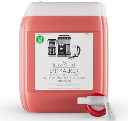 PURIVITA® Universal Entkalker Kaffeevollautomat und Kaffeemaschine 5 Liter | Espresso-, Pad-, Filtermaschinen, Wasserkocher, Bügeleisen; Farbindikator zeigt Wirkung, 1:4 ergiebig