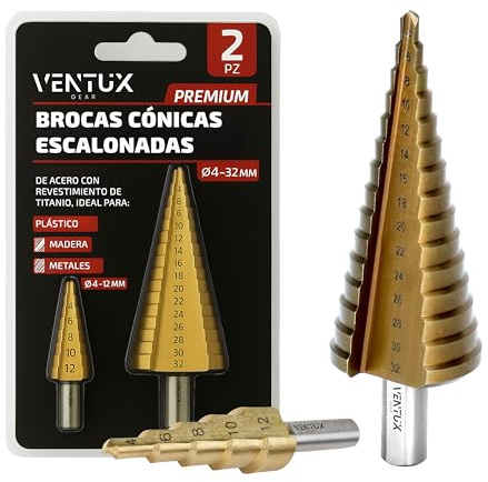 Set 2 Punte Coniche a Gradino Ø4-32mm e Ø4-12mm in Acciaio HSS4241 con Rivestimento in Titanio – Foratura Legno, Plastica e Metallo - Durezza HRC61-63