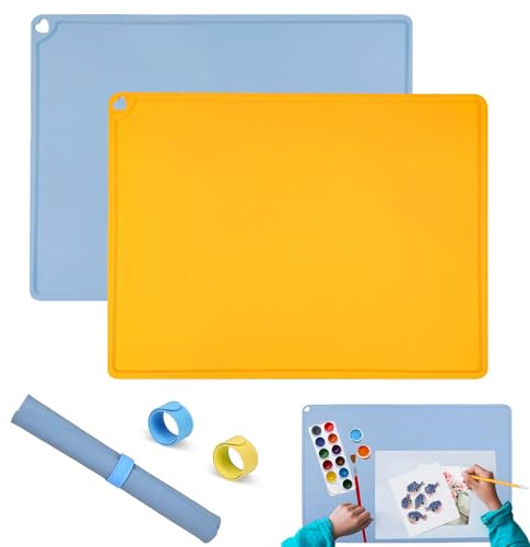 2 Stück Silikon Malunterlage für Kinder 60x40cm mit 2 Magnetischer Absorptionsclip, Groß Silikonmatte Antihaft & Waschbar, Wiederverwendbare Schreibtischunterlage für Basteln Malen(Gelb + Blau)