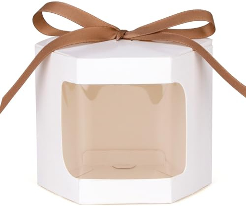 Bolsa de Regalo con Ventana Transparentes 50 cajas de papel for embalaje tartas, bolsas hexagonales for dulces con ventana PVC transparente(White,10x10x10cm)