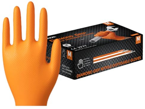 KINGFA DIAMOND GRIP Extra Stark Nitrilhandschuhe | Hochfeste, texturierte Einweghandschuhe für Kfz, Industrie & Labor | Arbeitshandschuhe Öl- und Chemikalienbeständig | 50 Stk/Box (200, Orange, XL)