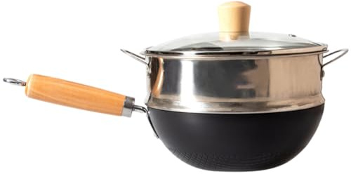 Vibsky 20cm Uncoated Iron Wok for Induction Cooktop, Japanese Style Single Serving Pan with Non- for Surface and Comfort Grip Handle