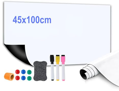 OELZWVN Pellicola magnetica per lavagna bianca, 45 x 100 cm, autoadesiva, lavagna bianca con pennarello, nastro adesivo senza residui e magnete, per superfici lisce, ufficio, casa